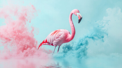 Pink Flamingo Banner on Light Blue Pastel Background with Paint Splashes and Copy Space
