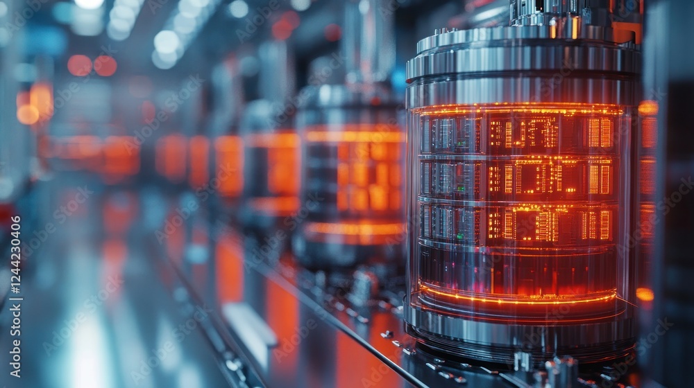 Poster factory data processing, glowing servers, production line, digital display