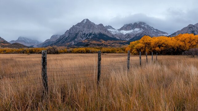 Autumnal mountain vista, field fence, fall colors