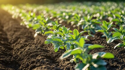 Young tobacco plants growing in field at sunset