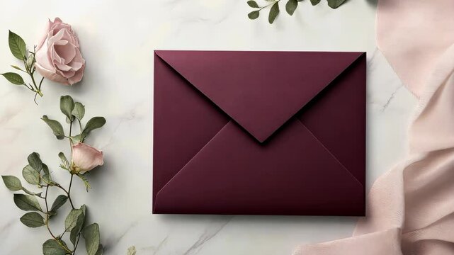 Burgundy envelope with pink roses and silk fabric creates elegant floral arrangement on marble
