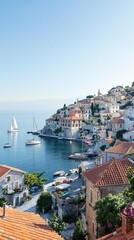 Obraz premium Seaside village with a soft blue gradient and sailboats, seaside town, coastal village, gentle waves, wooden boats