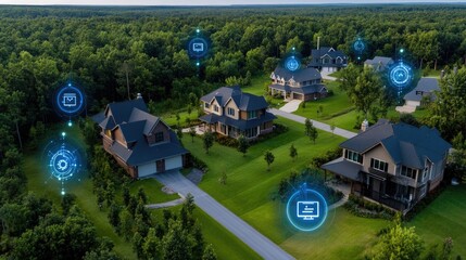 Floating red data spheres symbolize cloud computing upgrades in a sunny suburban neighborhood filled with houses and satellite dishes