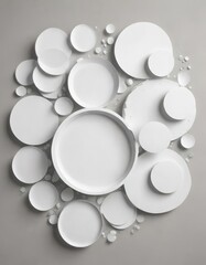 Set of paper circles in different sizes with varying drop shadows and scattered on a white surface, scattering effect, different shapes, layered look