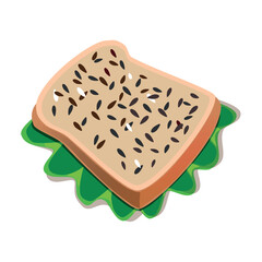 Brown hand-drawn vector illustration of rectangular piece of bread with seeds and green lettuce isolated on a white background