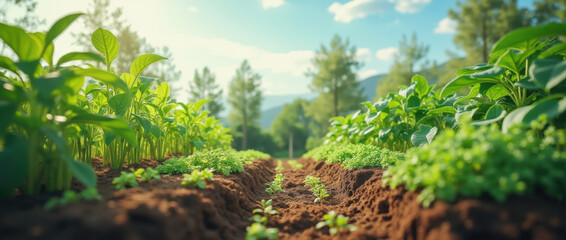Fototapeta premium Lush green plants stretch toward the sun in a well-maintained agricultural field. Rows of crops are nurtured under clear blue skies, creating a picturesque rural landscape