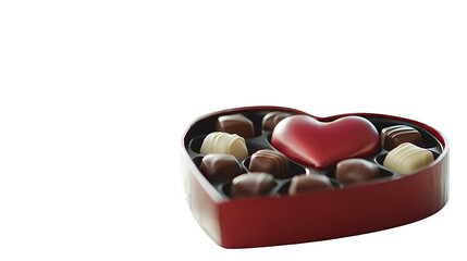 A heart-shaped box of chocolates on a dining table, isolated on white background in HD