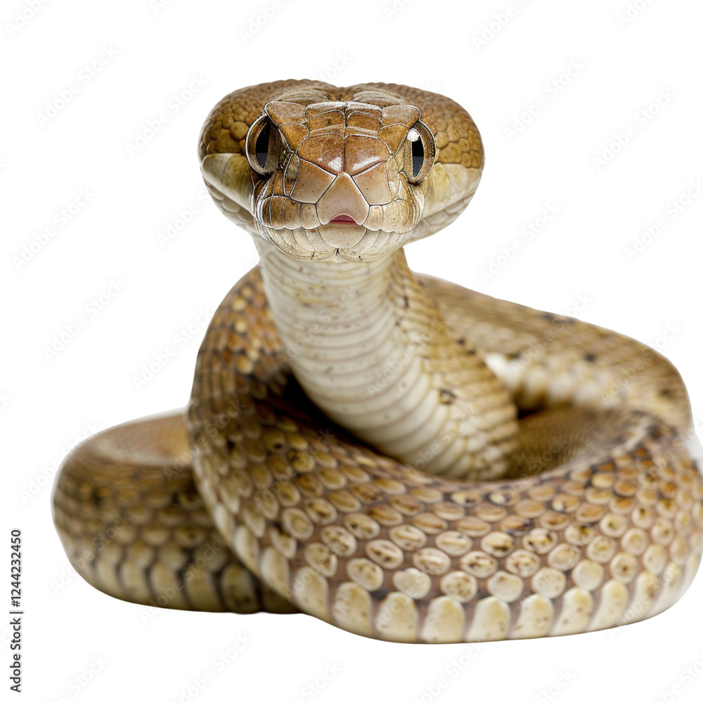 Poster close up of coiled snake with patterned body and distinct head features, showcasing its scales and t