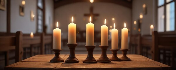 Small church candles placed on a simple wooden pedestal inside a quiet chapel, chapel furniture, sacred space , simple wooden pedestal