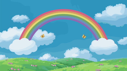 Rainbow over Green Hills with Butterflies
