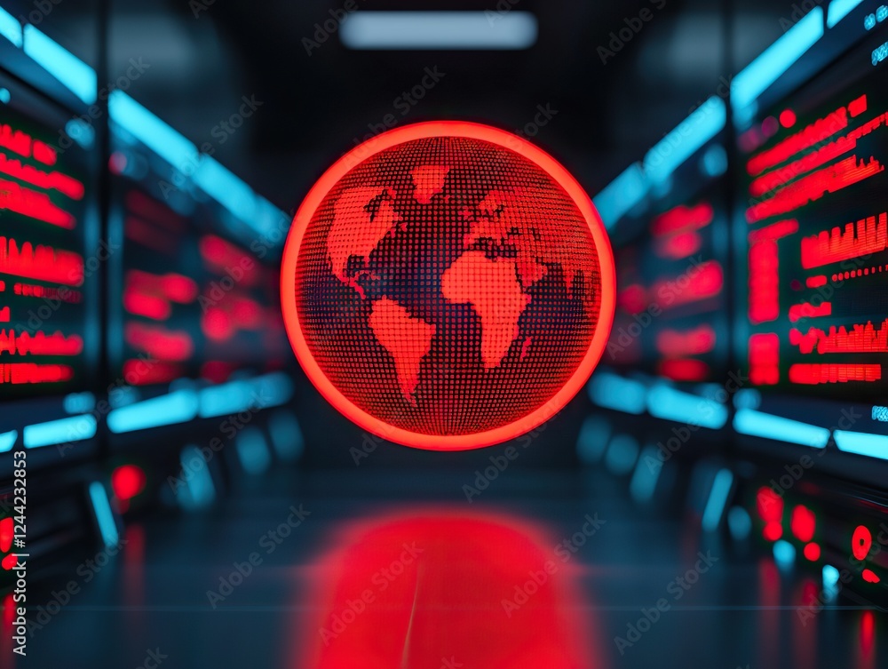 Poster data visualization and global connectivity technology server room digital art high-tech environment 