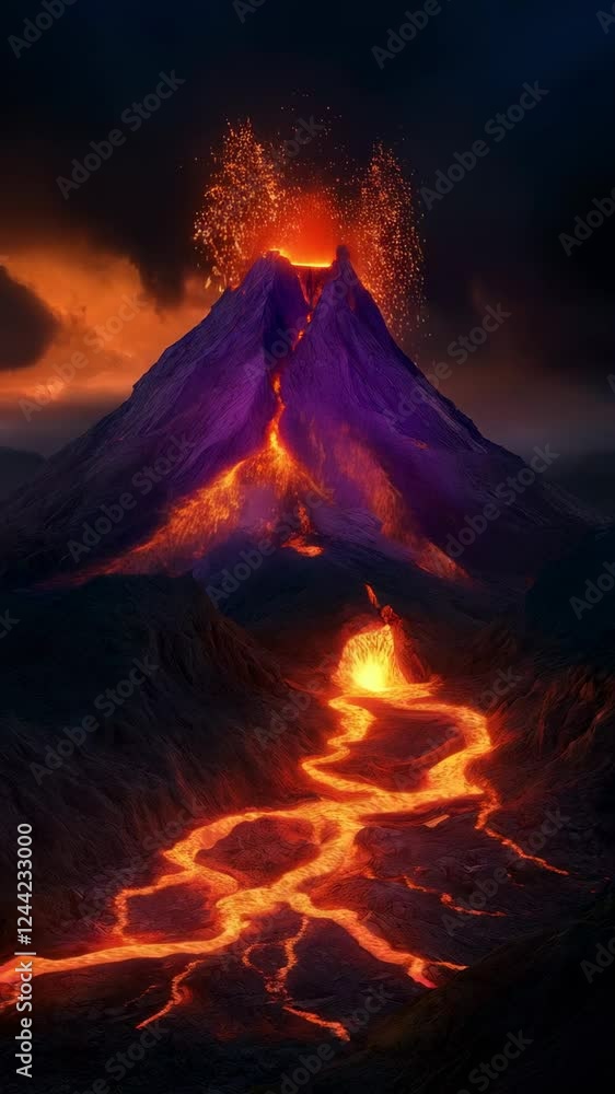 Poster rivers of glowing lava flow down the side of an erupting volcano at night, creating a dramatic and f
