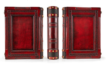 Red leather book captured on the wooden table, leather journal, leather book, red leather
