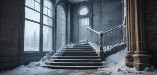 Snow-covered staircase with icy banisters leading up to a frosty window , winter, snow, stairs