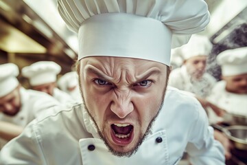 Intense caucasian male chef shouting in a busy restaurant kitchen with passion