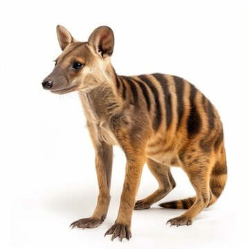 Striped fosa standing against a white background, displaying its unique markings and attentive stance