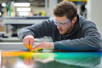 Caucasian male adult technician inspecting colorful printing process