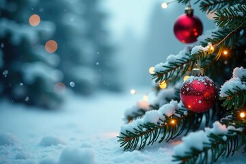 Obraz premium Snowy fir branch border with glass ornaments and fairy lights, peaceful atmosphere, frosty weather