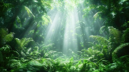 Fototapeta premium Sunbeams Illuminate Lush Tropical Rainforest Canopy