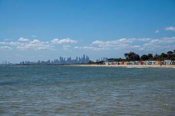 Melbourne, Australia, View towards Dendy Street Beach in Brighton with Melbourne CBD in the distance