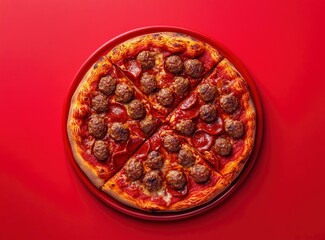 Photo of a whole pizza with one slice cut out on a red background, top view. With space for text or logo. Isolated color lens 