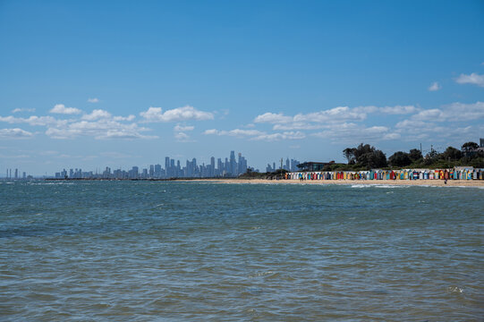 Melbourne, Australia, View towards Dendy Street Beach in Brighton with Melbourne CBD in the distance