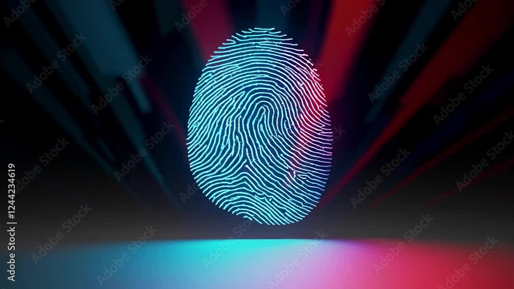 Poster glowing blue fingerprint illuminates dark background with red and blue neon lights, creating a futur