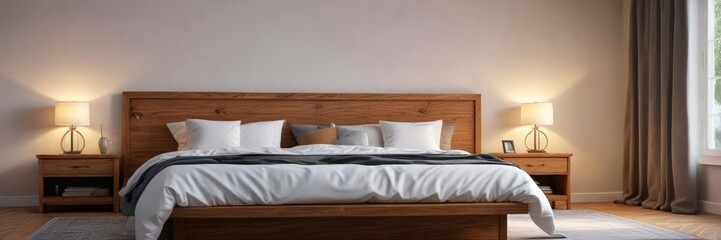 Softly lit bedroom with a large bed and wooden furniture, peaceful retreat, nautical decor