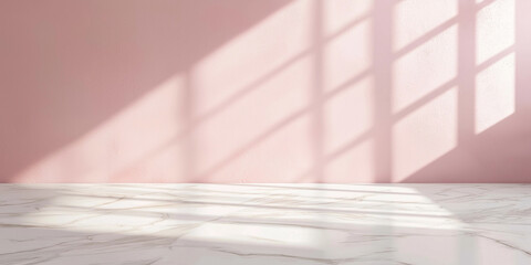 pastel pink background with no objects shadows from window, marble table