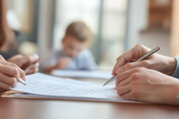 Close-up of hands signing documents with a blurred child in the background, symbolizing legal paperwork, parenting, or education