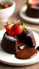 A decadent keto chocolate lava cake with molten sugar-free chocolate flowing out, garnished with powdered erythritol and a fresh strawberry on top