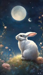 White Rabbit Under Moonlit Sky