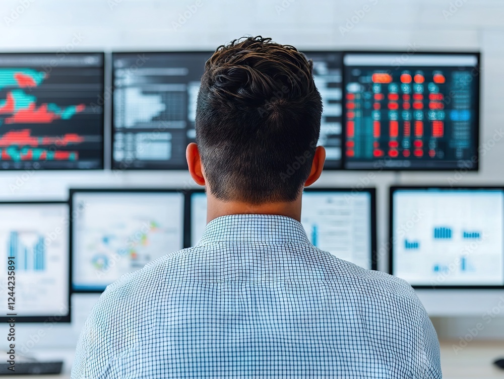Poster data analyst monitoring real-time metrics office workspace infographic displays professional environ