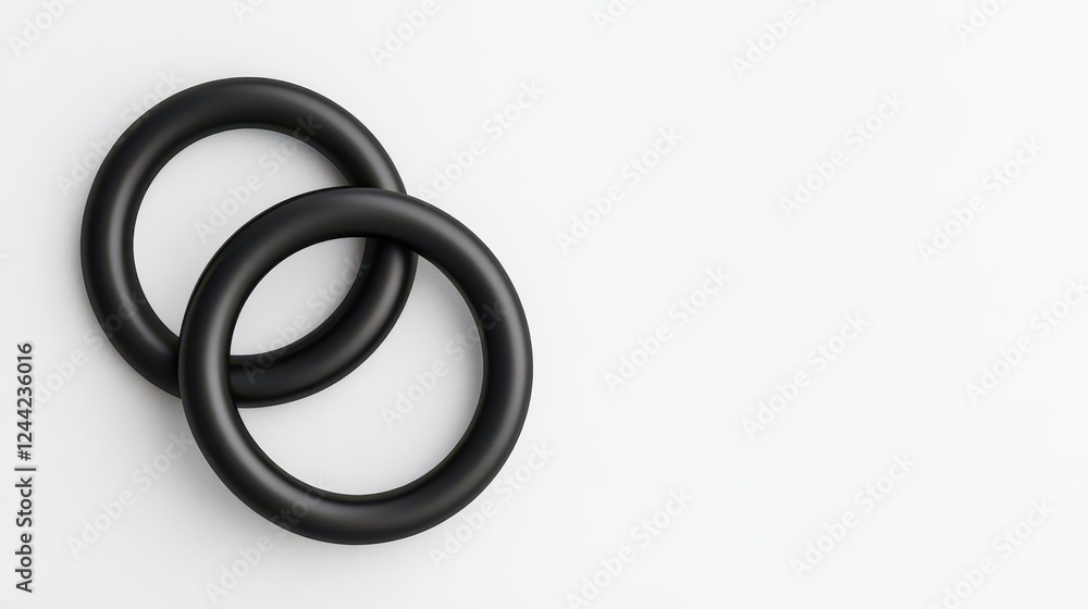 Poster two minimalist intersecting rings floating weightlessly, solid space gray background