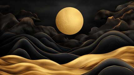 Obraz premium Surreal Golden Landscape with Moonlit Mountains and Waves