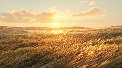 Obraz premium Golden sunlight illuminates waving grass in a serene landscape during sunrise
