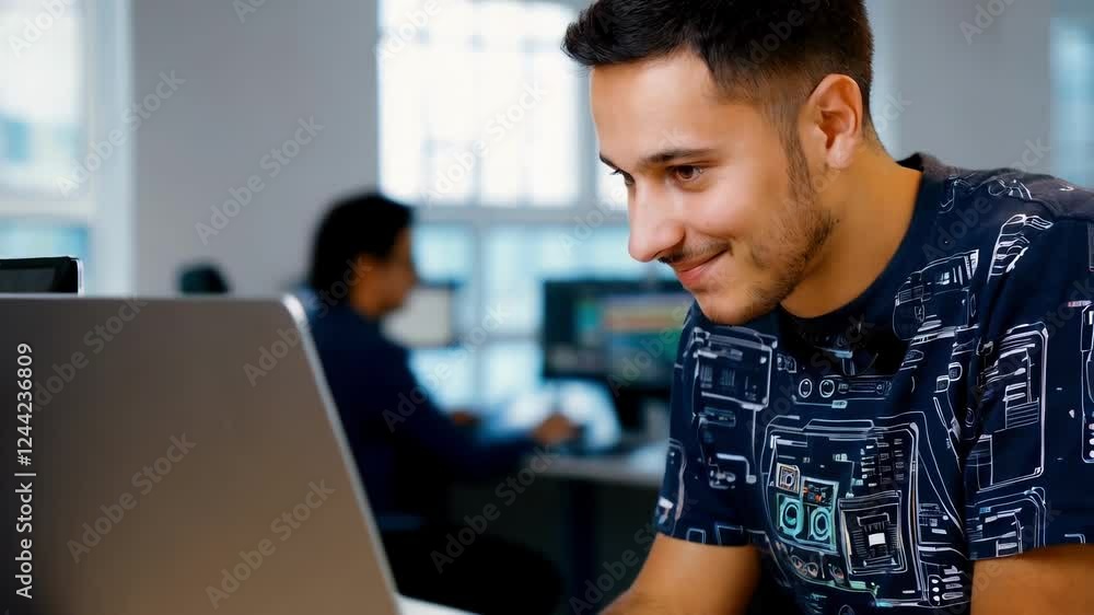 Poster professional working diligently on laptop, expressing joy while navigating dynamic technology worksp