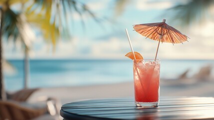 Refreshing tropical cocktail on a beachside table during sunset after a day of relaxation