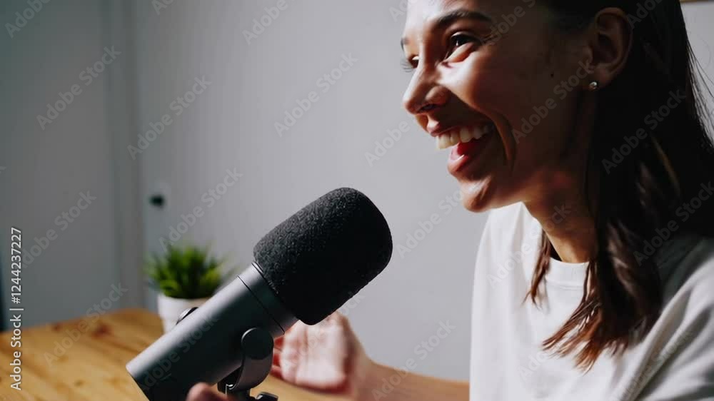 Poster Female podcaster enthusiastically speaking into microphone while laughing during podcast recording, capturing dynamic energy of modern content creation in slow motion studio environment