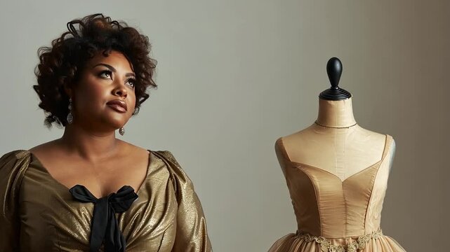 This model showcases unique fashion designs with confidence beside a dress form.