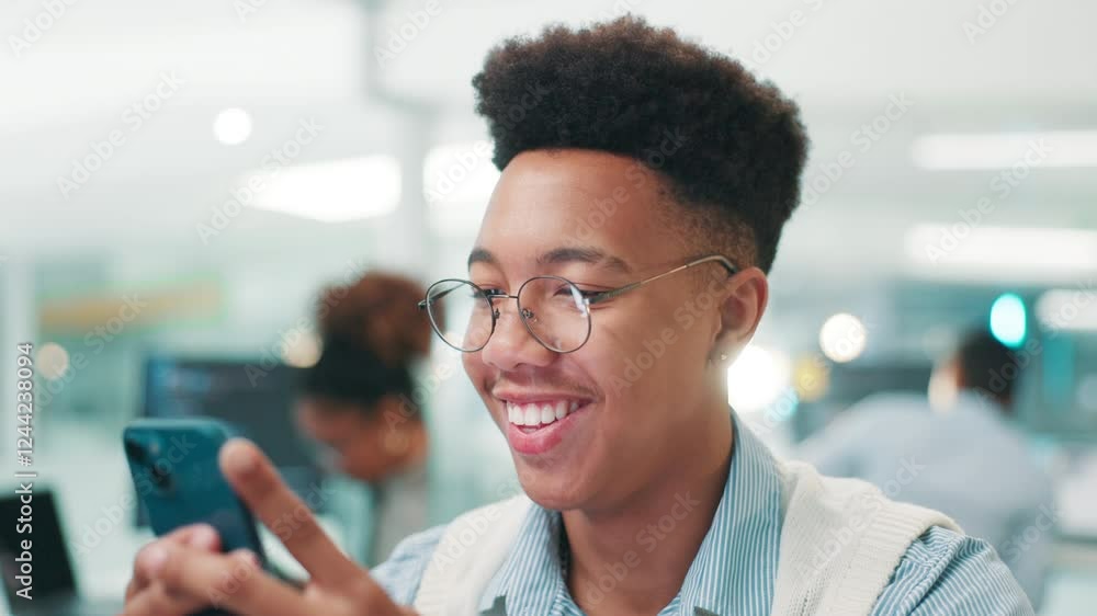 Aufkleber Happy man, software developer and design with phone for app testing, research or coding at office. Male person, programmer or coder with smile on mobile smartphone for AI development or programming