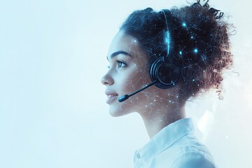 Photo of an AI entity in a virtual headset talking to a human customer service representative, isolated on a transparent background.