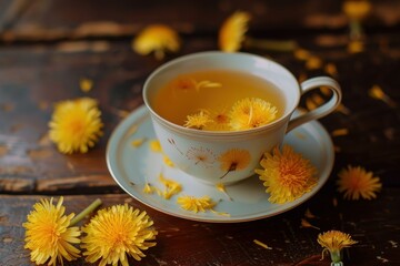 Dandelion herbal tea is served in a porcelain cup decorated with dandelions, surrounded by fresh dandelion flowers on a rustic wooden table