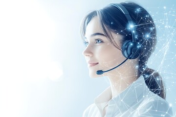 Photo of an AI entity in a virtual headset talking to a human customer service representative, isolated on a transparent background.