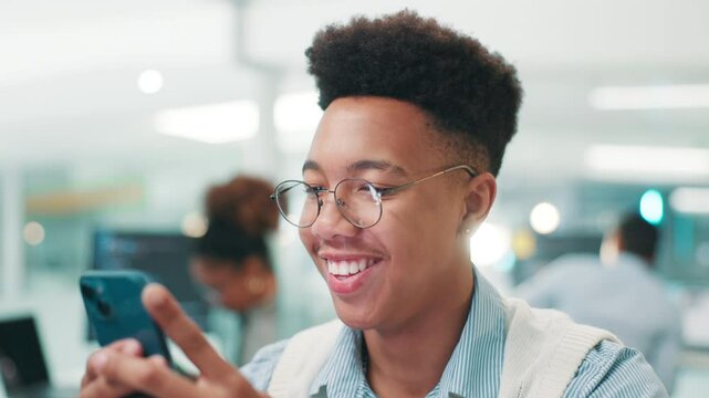 Happy man, software developer and design with phone for app testing, research or coding at office. Male person, programmer or coder with smile on mobile smartphone for AI development or programming