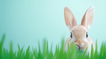 Obraz premium Cute Rabbit Peeking Out from Lush Green Grass Background