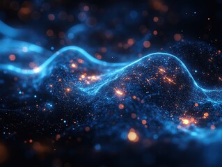 Fototapeta premium Abstract representation of glowing waves and particles in a cosmic setting.