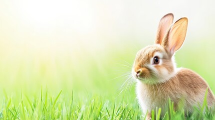 Fototapeta premium Cute Bunny Sitting on Fresh Green Grass in Sunlight