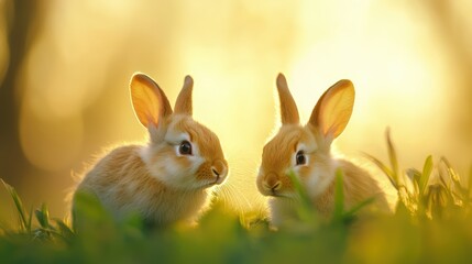 Fototapeta premium Two Adorable Baby Rabbits Playing in Sunlit Meadow