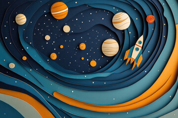 A colorful paper art depiction of space featuring planets, stars, and a rocket.
